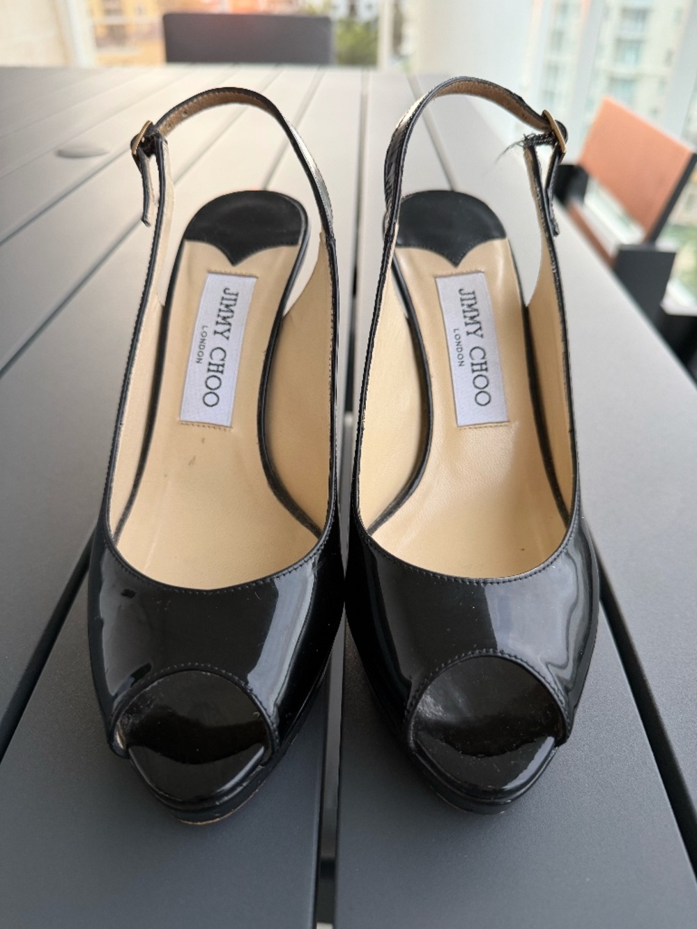 Jimmy Choo Nova Peep Toe Black Patent Leather Slingback Pump, Size 36, EUC